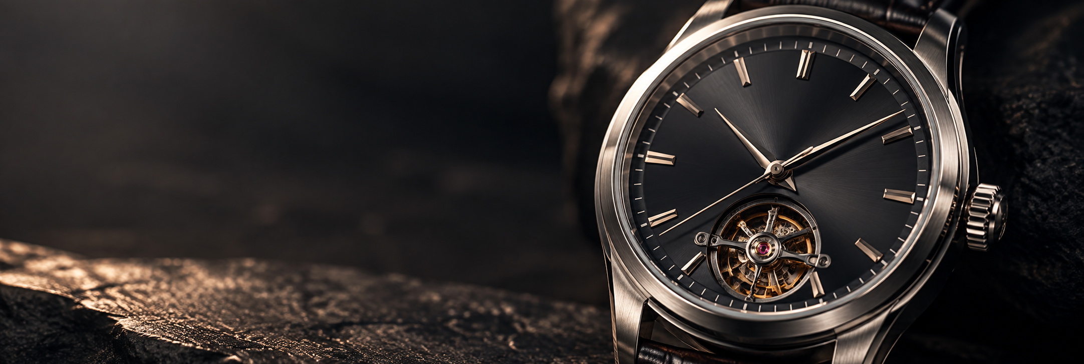 Close-up of a dark watch dial and polished steel case