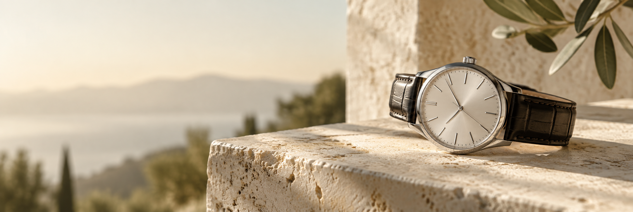 Elegant dress watch resting on sunlit pale stone