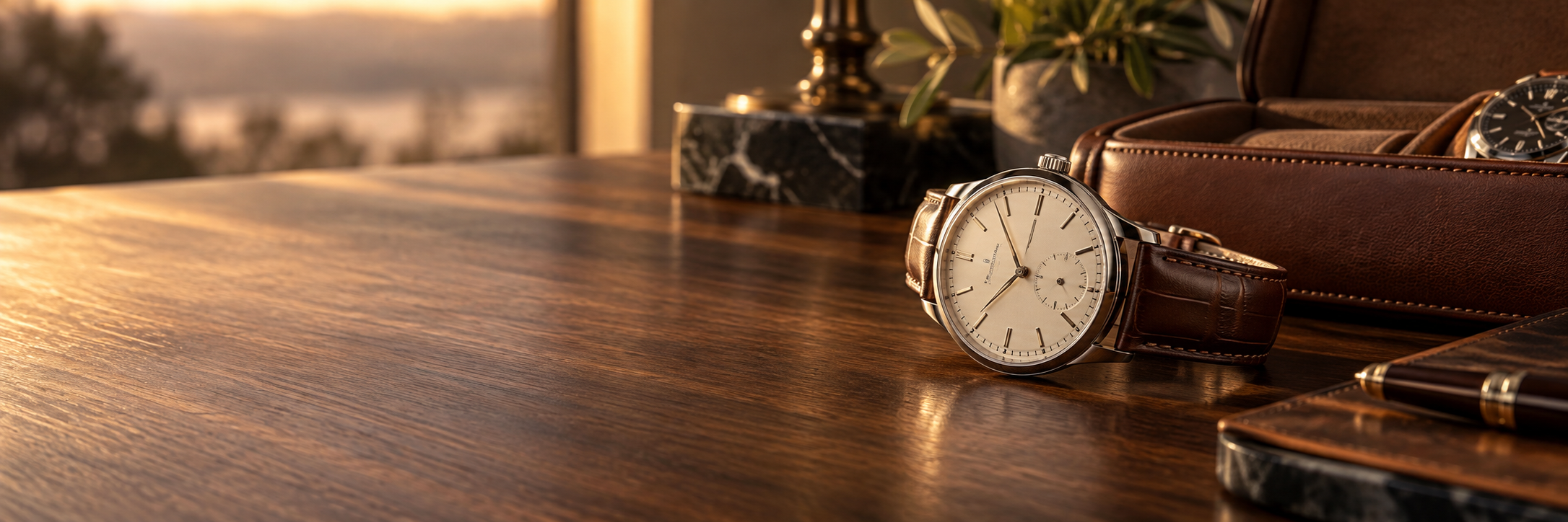 Leather-strap watch and collector's case on a warm walnut desk